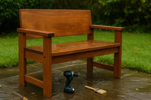 Outdoor bench made from marine-grade plywood, weather-resistant and freshly sealed for durability