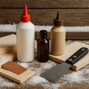Winter DIY glue-up using marine-grade adhesive on wood joints in a cold workshop