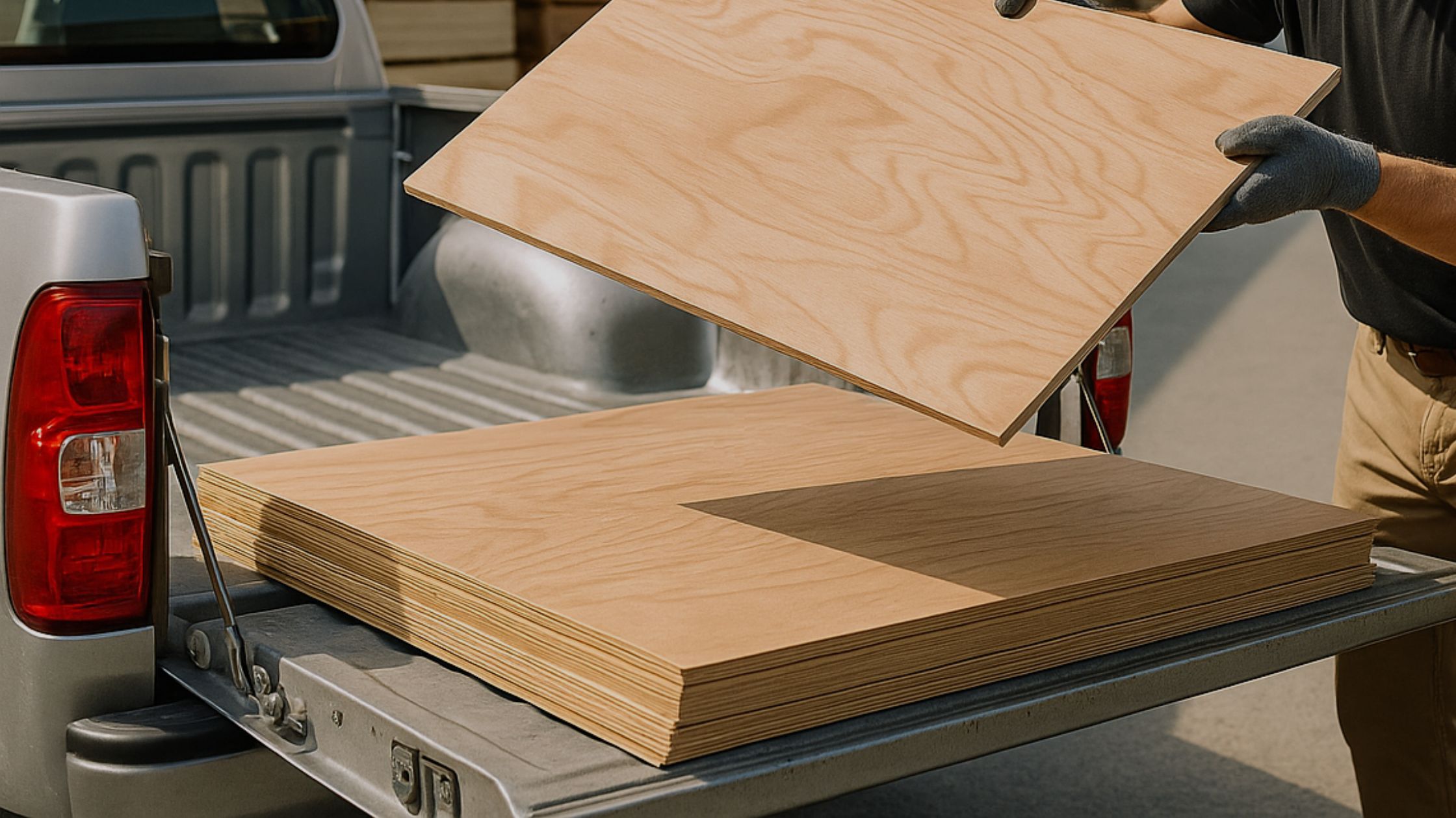 Construction worker loading a plywood sheet onto a pickup truck at a timber supply yard, with stacks of wood in the background