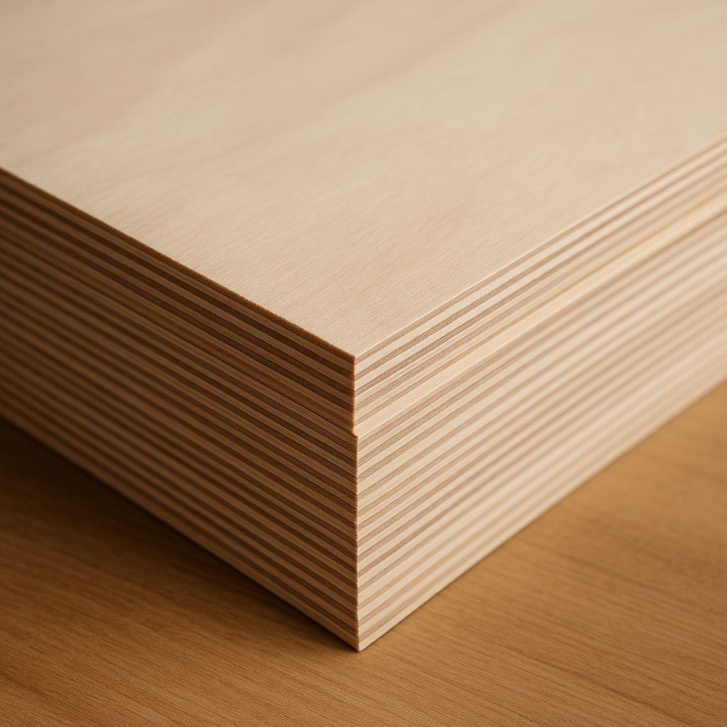 Stack of high-quality plywood sheets showing clean edges and multiple even layers