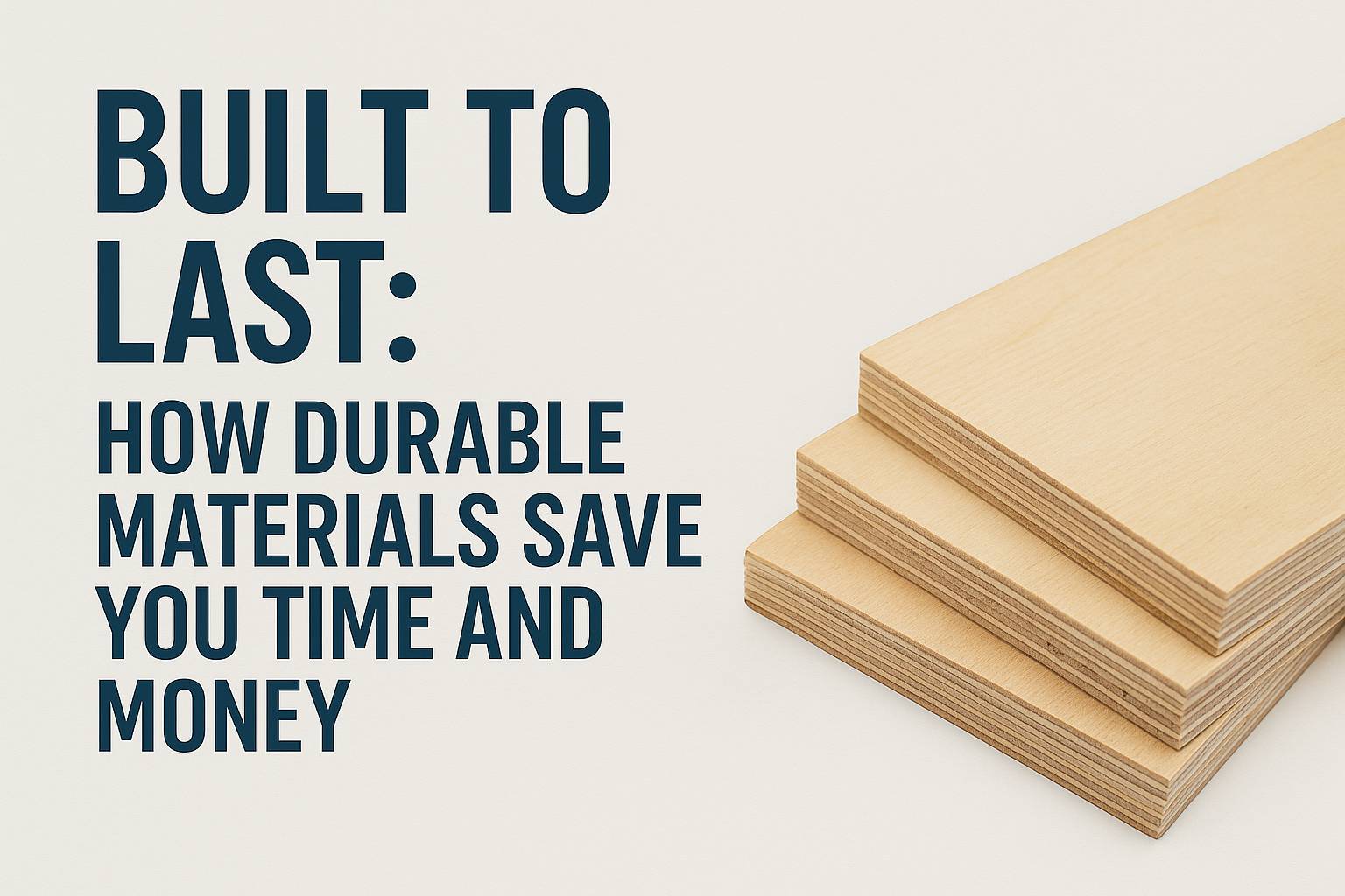 Stack of durable plywood sheets with text overlay “Built to Last: How Durable Materials Save You Time and Money,” promoting Plyman’s quality plywood in Auckland.