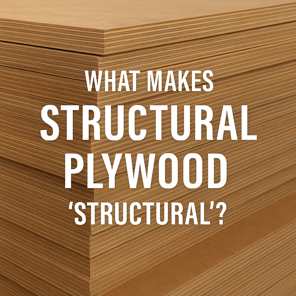 Stack of structural plywood sheets with overlay text reading “What Makes Structural Plywood ‘Structural’?” highlighting Plyman’s product range.