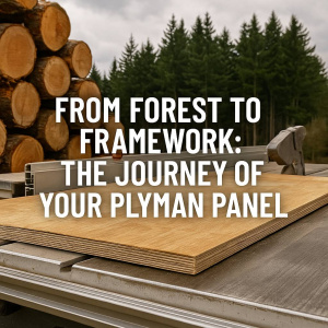 A high-quality plywood panel from Plyman resting on a workbench, with stacked logs and a forest backdrop — representing the sustainable journey from forest to finished framework in New Zealand.