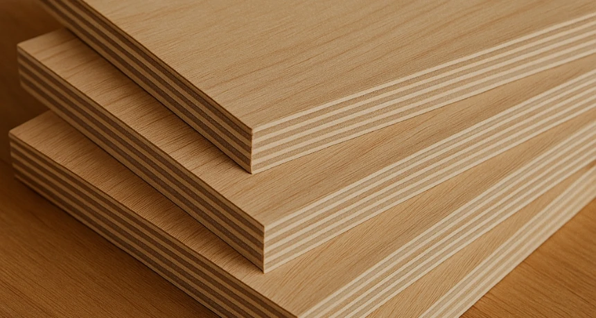 Stack of four plywood sheets showing clean veneer layers and grain detail, representing different plywood types for construction and joinery projects.