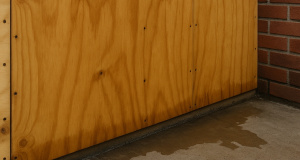 Close-up of moisture-resistant plywood installed on an exterior wall of a New Zealand building, showing sealed edges and water-resistant surface detail.